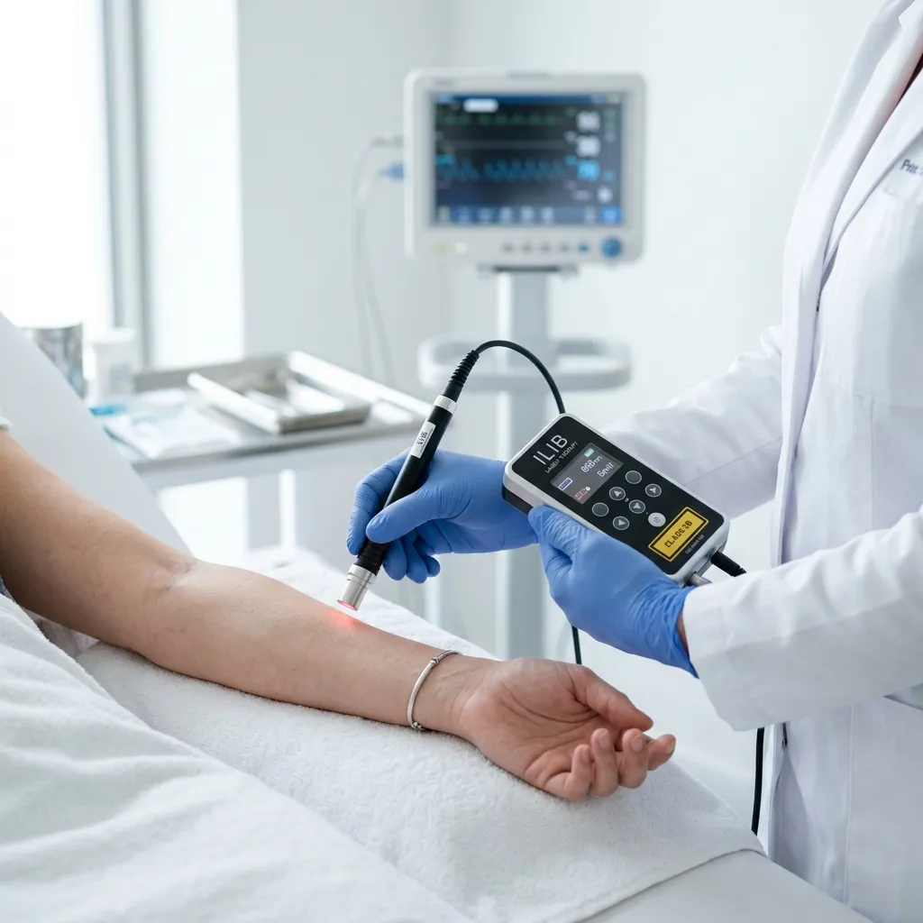 Louise Brandão, especialista em Saúde Integrativa e Laserterapia, realizando aplicação do Método ILIB na clínica A Bella Flör em Aveiro